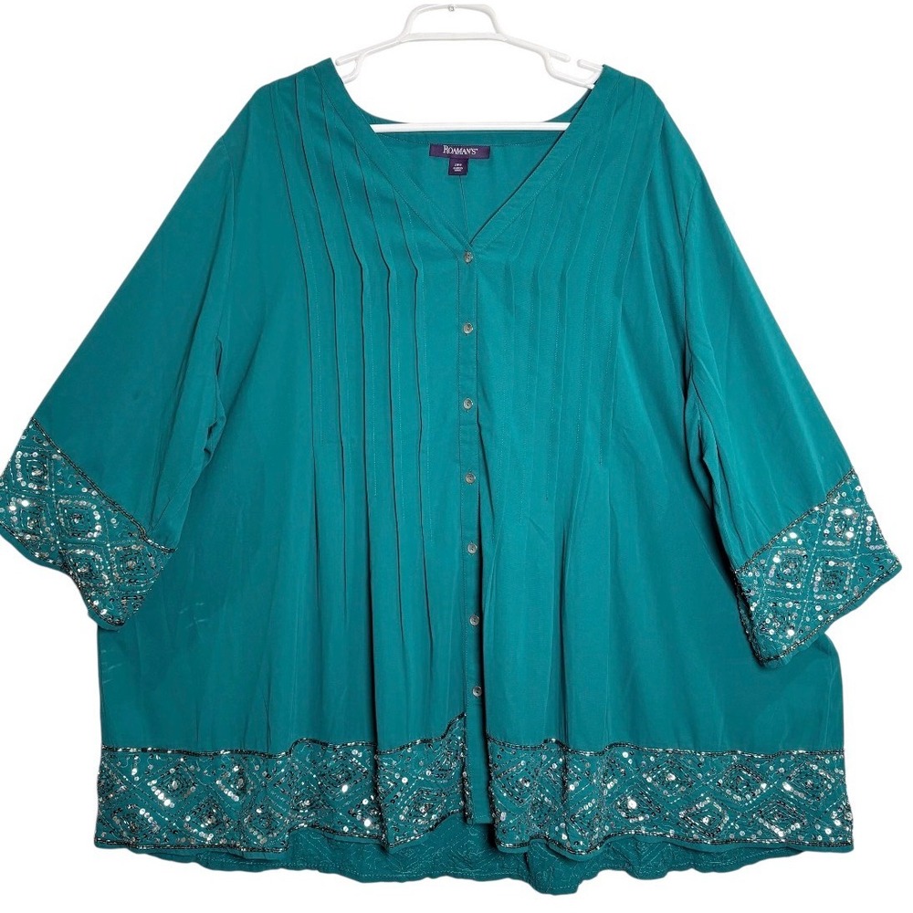 Roaman's Blouse Womens 28W Teal Green Sequin Beaded Pintuck Button Front Top